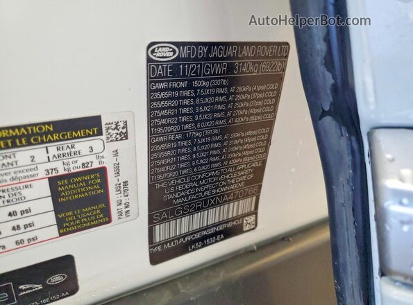 SALGS2RUXNA470766 2022 LAND ROVER RANGE Белый Панорамный вид салона 360°