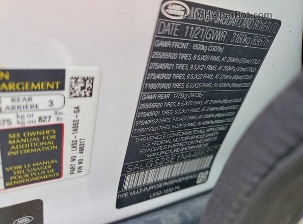 SALGS2SE1NA466317 2022 LAND ROVER RANGE White VIN կոդի պիտակի տեսք