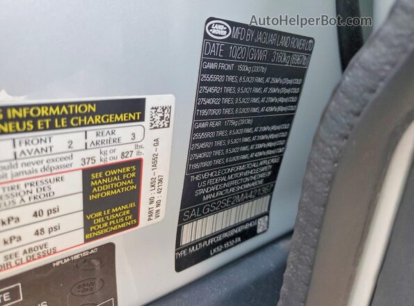 SALGS2SE2MA421367 2021 LAND ROVER RANGE Белый Панорамный вид салона 360°