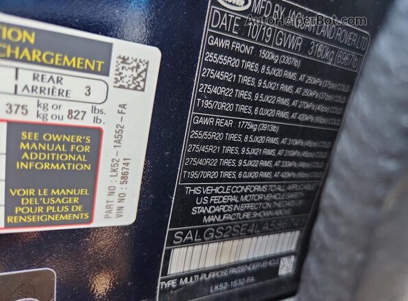 SALGS2SE4LA586741 2020 LAND ROVER RANGE Blue Vista del compartimento del motor