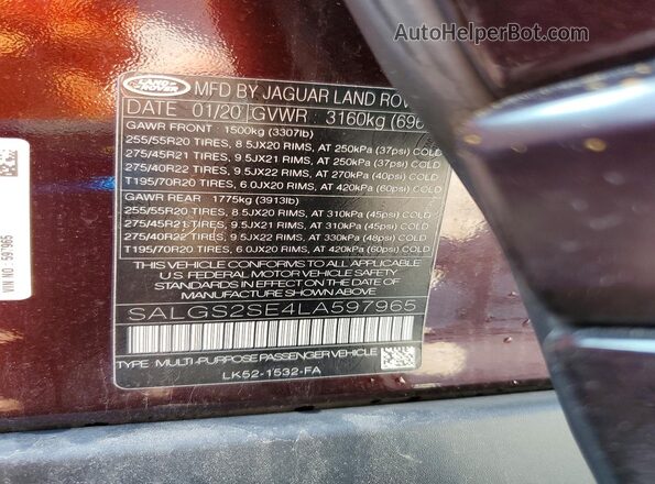 SALGS2SE4LA597965 2020 LAND ROVER RANGE Maroon Vista de la etiqueta del VIN
