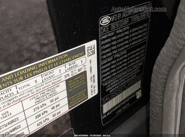 SALGS2SE7LA569268 2020 LAND ROVER RANGE ROVER Black Engine compartment view