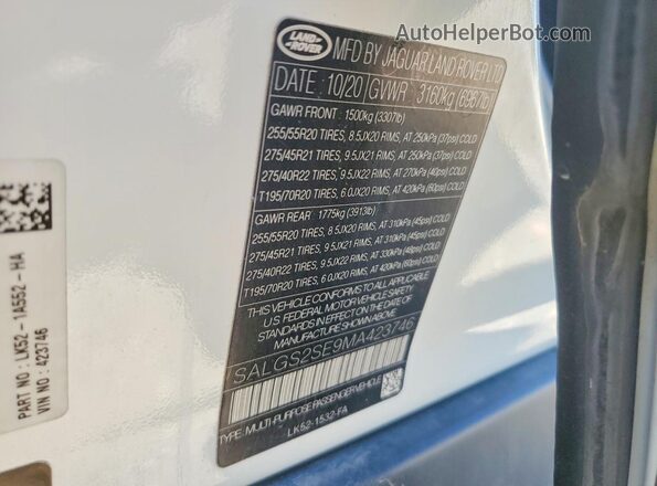 SALGS2SE9MA423746 2021 LAND ROVER RANGE White Vista de la etiqueta del VIN