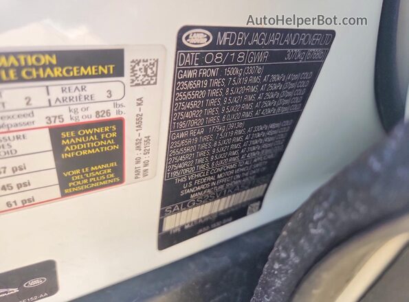 SALGS2SV1KA521554 2019 LAND ROVER RANGE White Widok komory silnika
