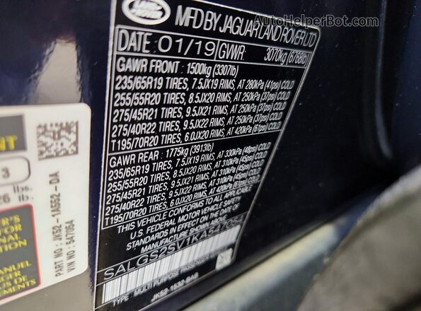 SALGS2SV1KA547054 2019 LAND ROVER RANGE Black VIN sticker view