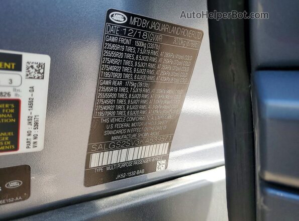 SALGS2SV3KA539571 2019 LAND ROVER RANGE Серебряный Вид наклейки с VIN-кодом