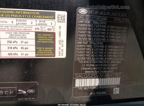 SALGS2SV3KA547797 2019 LAND ROVER RANGE ROVER Black Engine compartment view