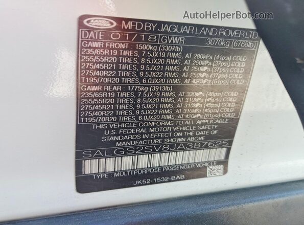 SALGS2SV8JA387625 2018 LAND ROVER RANGE White Вид наклейки з VIN-кодом