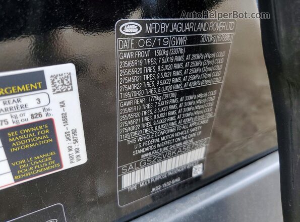 SALGS2SV8KA567592 2019 LAND ROVER RANGE Black Вид наклейки з VIN-кодом