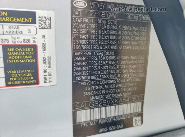 SALGS2SVXKA540832 2019 LAND ROVER RANGE White 360 interior view