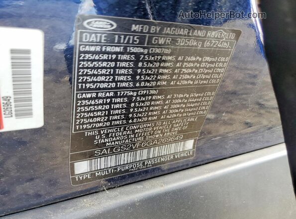 SALGS2VF6GA269649 2016 LAND ROVER RANGE Blue Vista de la etiqueta del VIN