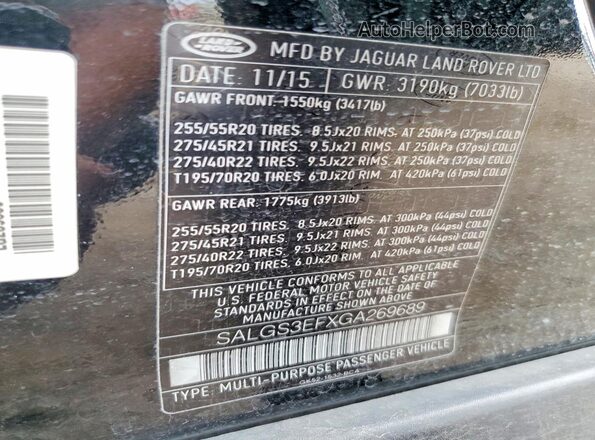 SALGS3EFXGA269689 2016 LAND ROVER RANGE Black Vista del compartimento del motor