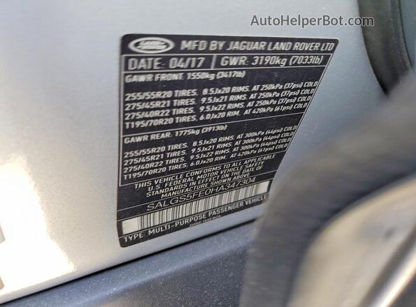 SALGS5FE0HA347304 2017 LAND ROVER RANGE Silver Widok komory silnika