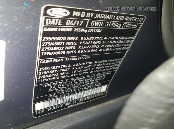 SALGS5FE1HA351149 2017 LAND ROVER RANGE Black Widok naklejki z numerem VIN