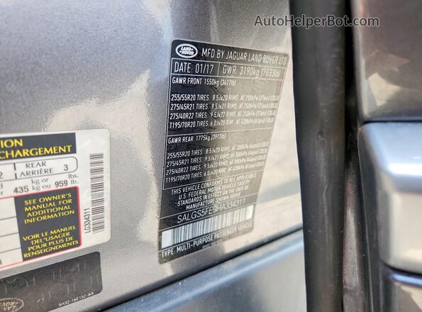 SALGS5FE9HA334311 2017 LAND ROVER RANGE Gray Vista de la etiqueta del VIN