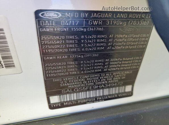 SALGS5FE9HA349472 2017 LAND ROVER RANGE Белый Вид наклейки с VIN-кодом