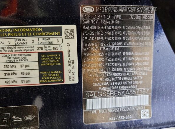 SALGS5RE5KA557187 2019 LAND ROVER RANGE Blue VIN კოდის სტიკერის ხედი
