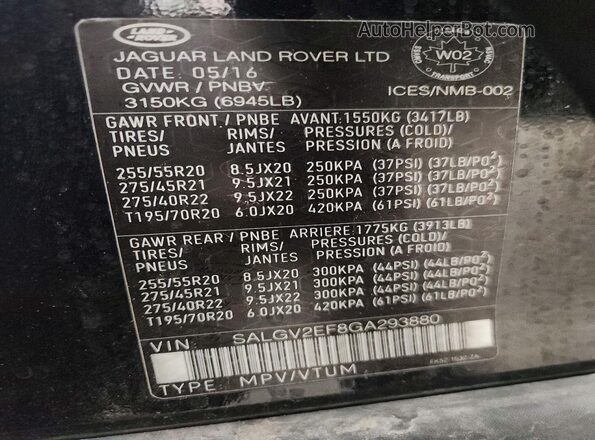 SALGV2EF8GA293880 2016 LAND ROVER RANGE Black VIN კოდის სტიკერის ხედი