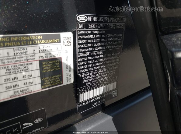 SALGV2SE3LA409055 2020 LAND ROVER RANGE ROVER Black ძრავის განყოფილების ხედი
