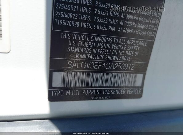 SALGV3EF4GA259912 2016 LAND ROVER RANGE ROVER White Vista del compartimento del motor