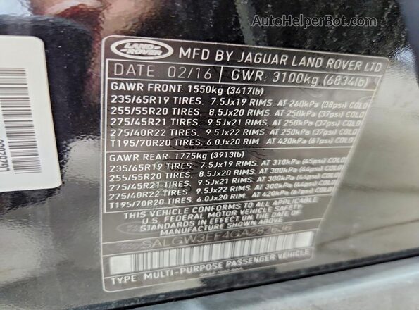 SALGW3EF4GA282636 2016 LAND ROVER RANGE Black VIN sticker view