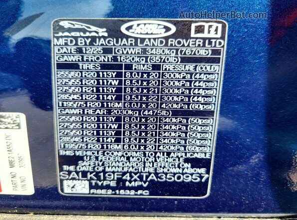 SALK19F4XTA350957 2026 LAND ROVER RANGE Blue VIN կոդի պիտակի տեսք
