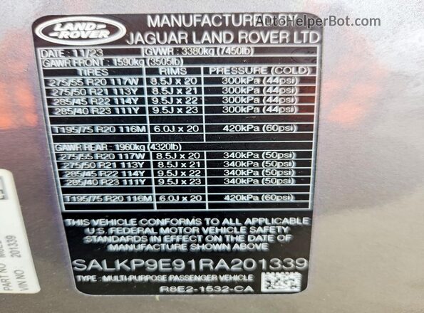 SALKP9E91RA201339 2024 LAND ROVER RANGE Gray VIN կոդի պիտակի տեսք