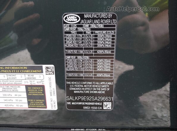 SALKP9E92SA296631 2025 LAND ROVER RANGE ROVER Зеленый Вид подкапотного пространства