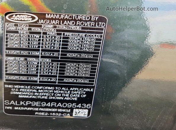 SALKP9E94RA095436 2024 LAND ROVER RANGE Green VIN կոդի պիտակի տեսք