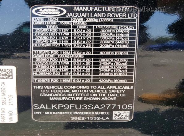SALKP9FU3SA277105 2025 LAND ROVER RANGE Черный Панорамный вид салона 360°