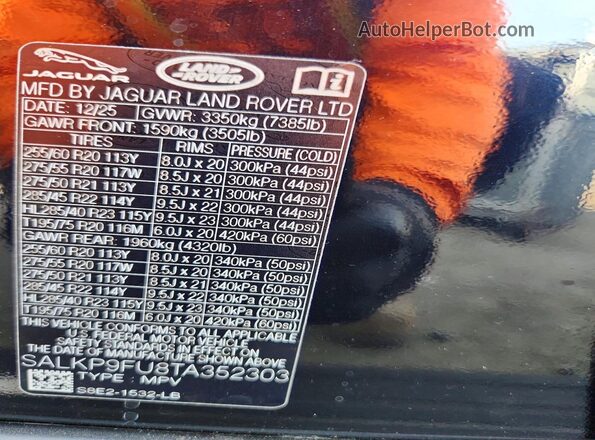 SALKP9FU8TA352303 2026 LAND ROVER RANGE Синий Вид наклейки с VIN-кодом