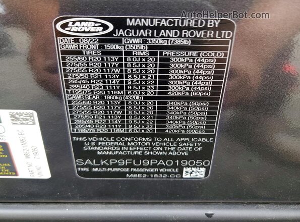 SALKP9FU9PA019050 2023 LAND ROVER RANGE Серый Вид наклейки с VIN-кодом