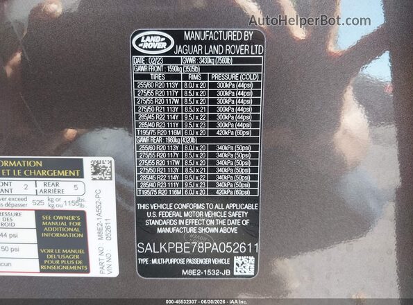 SALKPBE78PA052611 2023 LAND ROVER RANGE ROVER Коричневый Вид подкапотного пространства