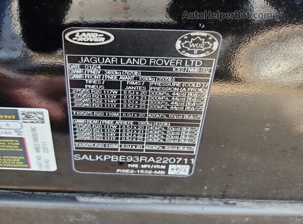 SALKPBE93RA220711 2024 LAND ROVER RANGE Black VIN კოდის სტიკერის ხედი