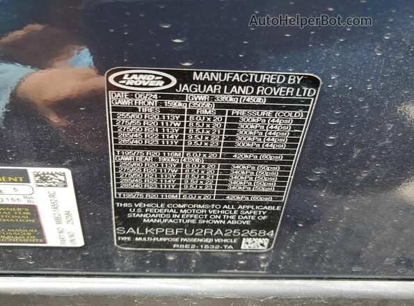 SALKPBFU2RA252584 2024 LAND ROVER RANGE Gray Widok naklejki z numerem VIN