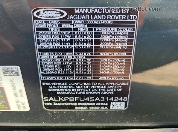 SALKPBFU4SA314248 2025 LAND ROVER RANGE Зеленый Вид наклейки с VIN-кодом