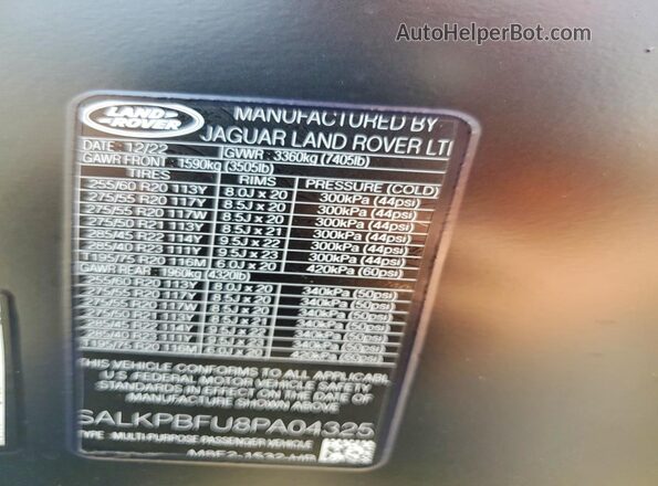 SALKPBFU8PA043251 2023 LAND ROVER RANGE Черный Вид наклейки с VIN-кодом