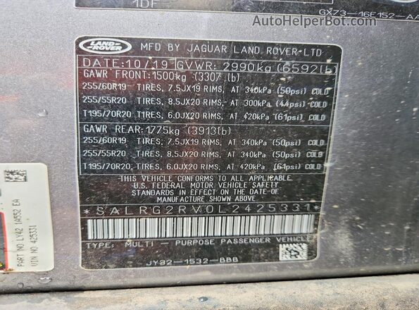 SALRG2RV0L2425331 2020 LAND ROVER DISCOVERY Gray Widok naklejki z numerem VIN