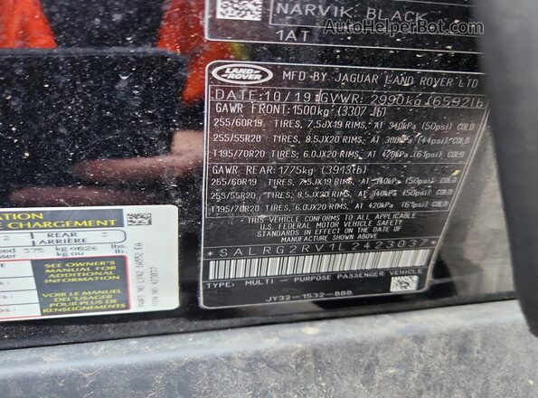 SALRG2RV1L2423037 2020 LAND ROVER DISCOVERY Черный Вид наклейки с VIN-кодом