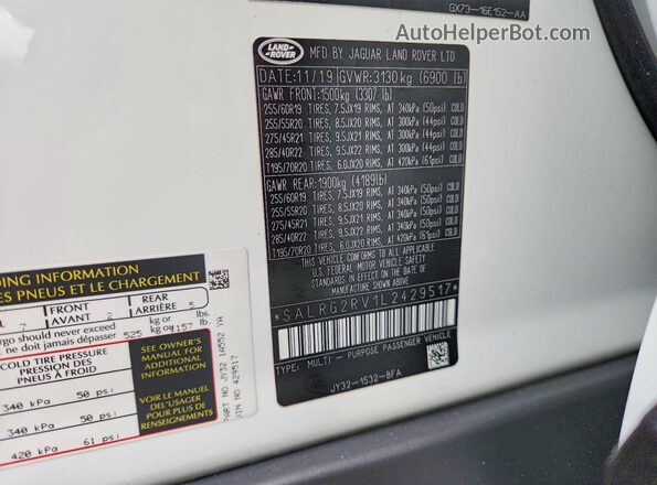 SALRG2RV1L2429517 2020 LAND ROVER DISCOVERY White VIN sticker view