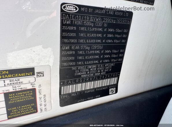 SALRG2RV7L2424760 2020 LAND ROVER DISCOVERY White Widok komory silnika