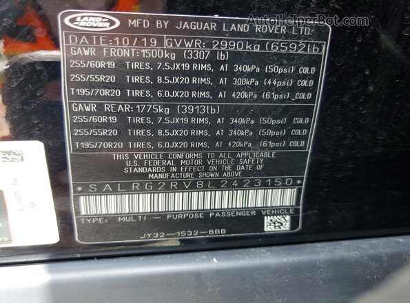 SALRG2RV8L2423150 2020 LAND ROVER DISCOVERY Black Vista del compartimento del motor
