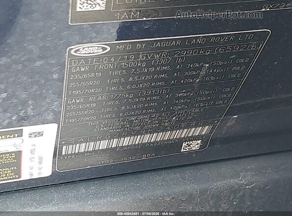 SALRG2RV9K2406887 2019 LAND ROVER DISCOVERY Blue Engine compartment view