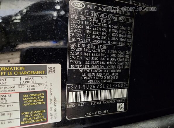 SALRG2RV9L2433007 2020 LAND ROVER DISCOVERY Black Vista de la etiqueta del VIN