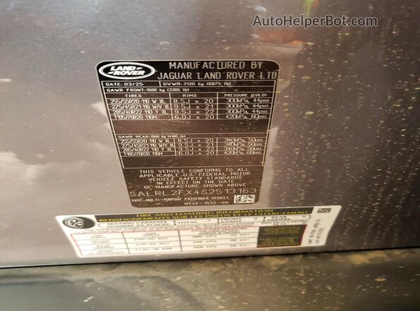 SALRL2FX4S2513153 2025 LAND ROVER DISCOVERY Gray Widok naklejki z numerem VIN