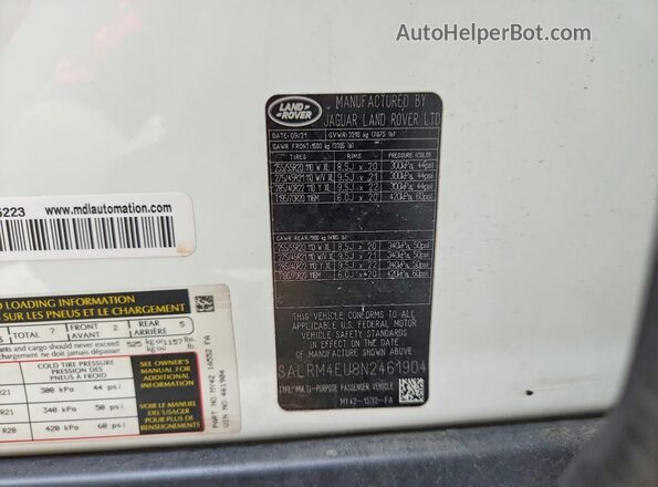 SALRM4EU8N2461904 2022 LAND ROVER DISCOVERY White Widok naklejki z numerem VIN