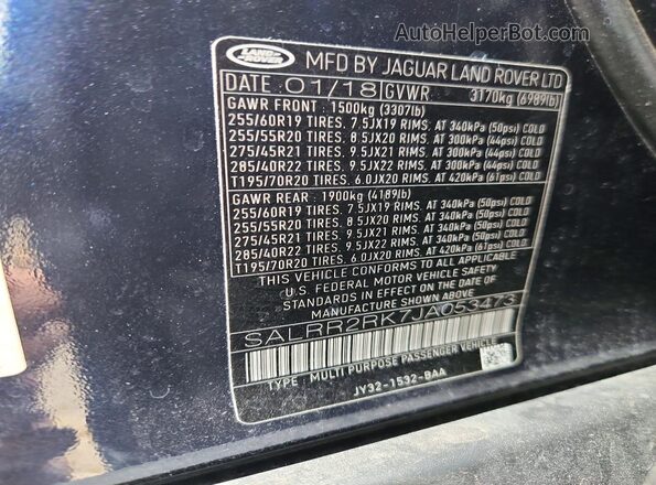 SALRR2RK7JA053473 2018 LAND ROVER DISCOVERY Blue VIN կոդի պիտակի տեսք