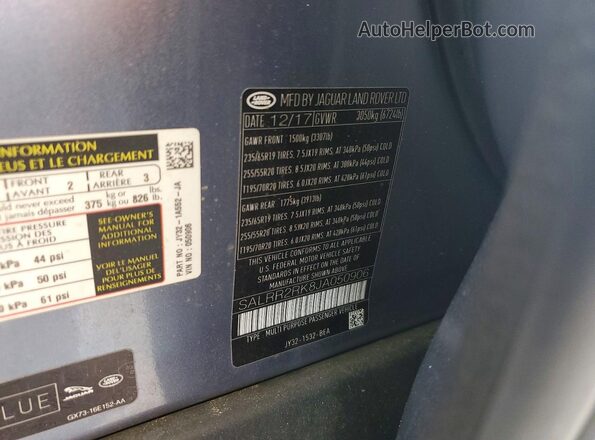 SALRR2RK8JA050906 2018 LAND ROVER DISCOVERY Blue Widok naklejki z numerem VIN