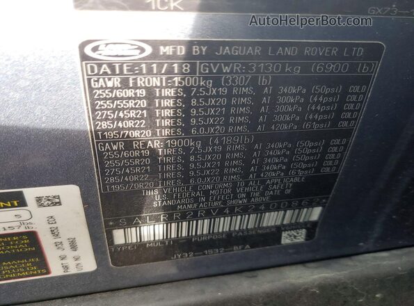 SALRR2RV4K2400862 2019 LAND ROVER DISCOVERY Синий Вид наклейки с VIN-кодом