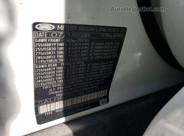 SALRR2RV4KA081324 2019 LAND ROVER DISCOVERY White VIN կոդի պիտակի տեսք